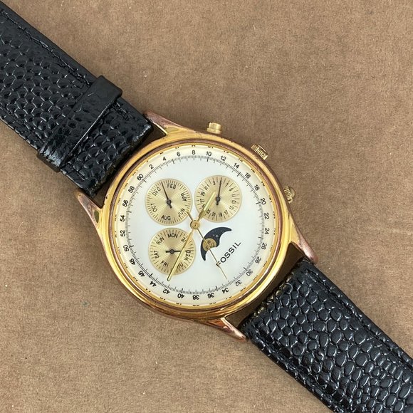 Vintage Fossil Quartz Moon Phase Chronograph Wrist Watch 9 inch Black Strap - Picture 3 of 8